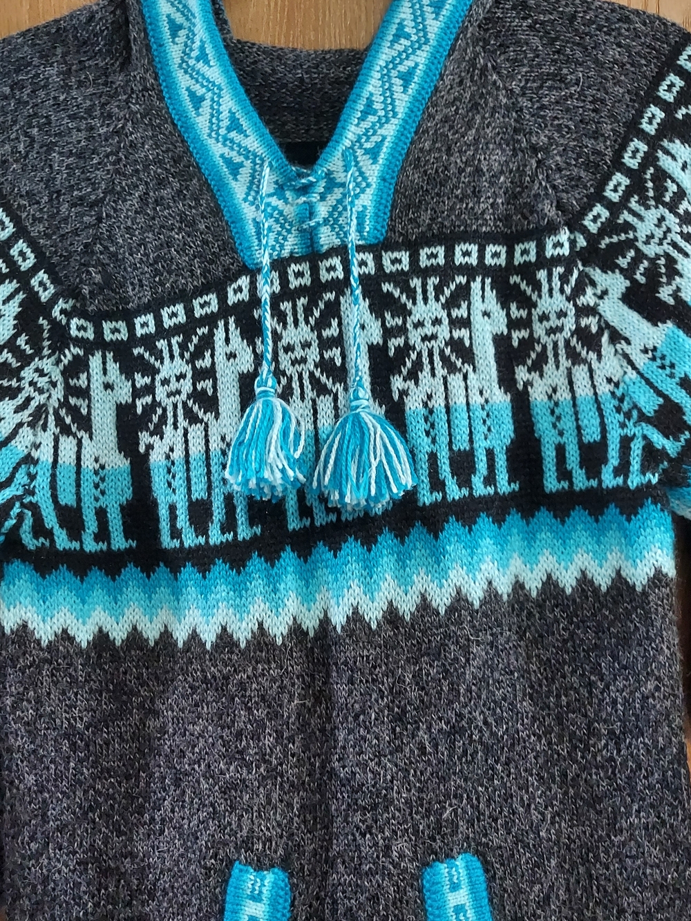 Women's Charcoal Gray & Turquoise Fringe V-Neck Hooded Sweater - Picture 5 of 7